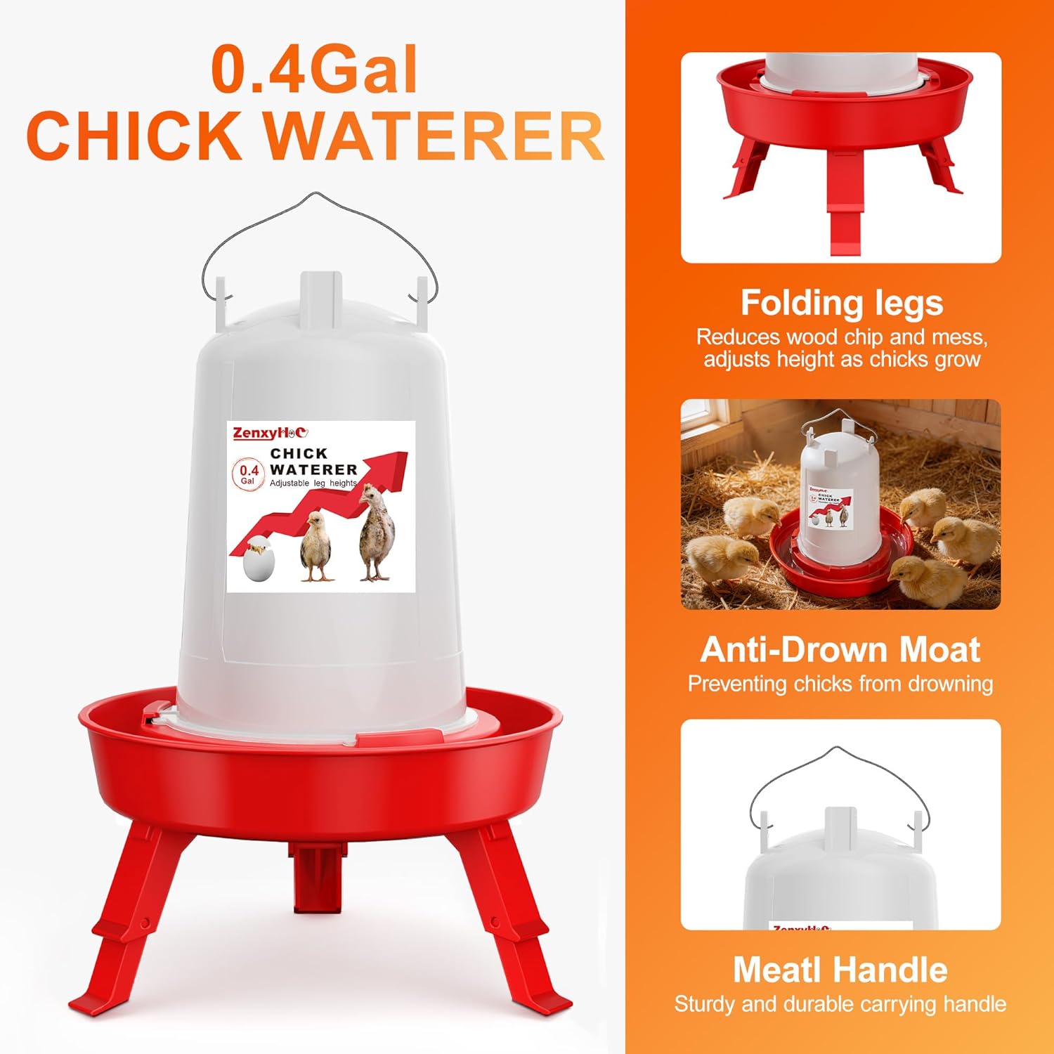 2-in-1 Chick Starter Set: 0.8 Gal Top Filling Feeder and 0.4 Gal Waterer with Adjustable Legs for Baby Chicks, Includes Scoop, Hanging Hooks, Anti-Drown Design (Red)