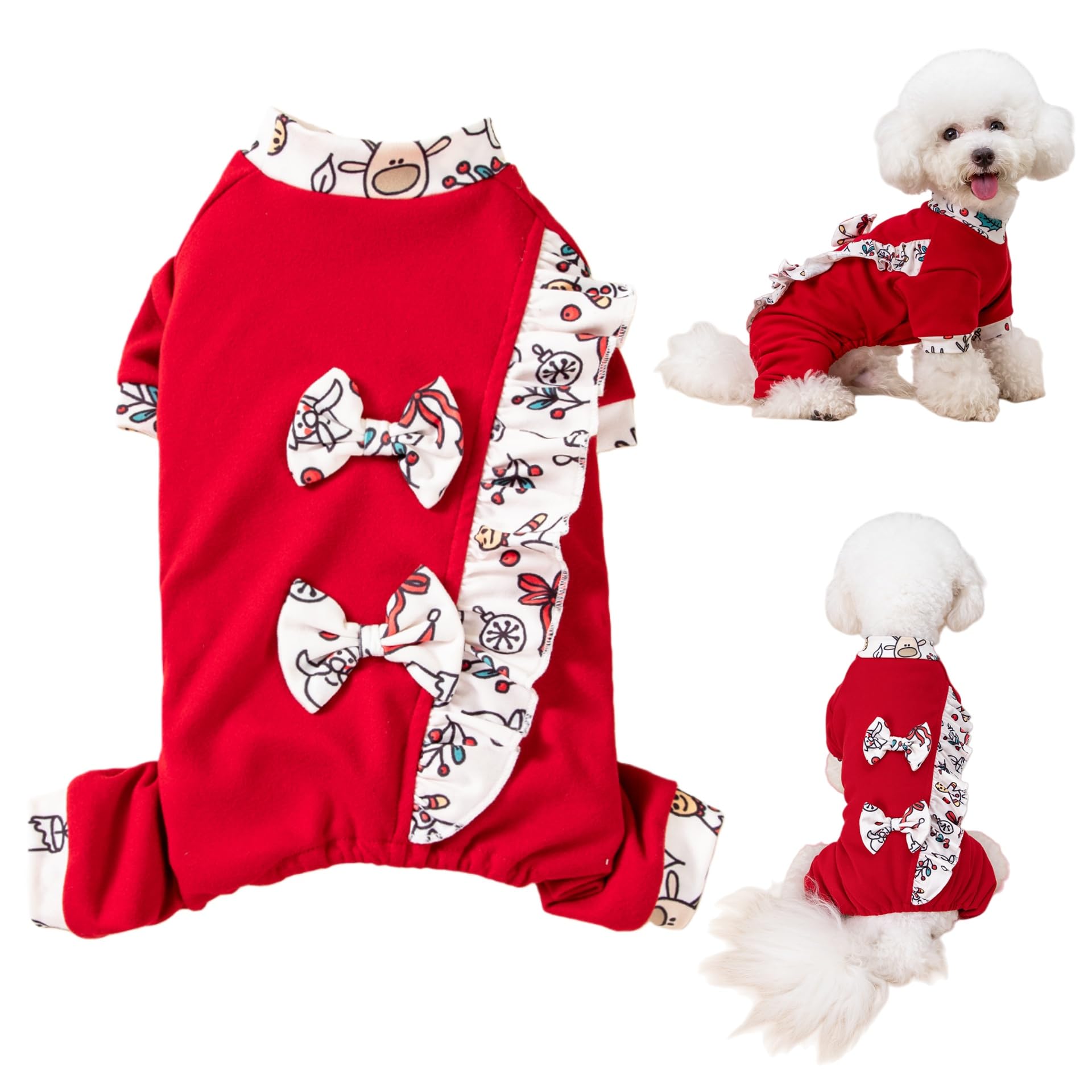 Yanmucy Dog Jumper Christmas Four Legged Dog Fleece Clothes Pet Cold Weather Coat Costume for Small Medium Dogs Cats (Red bow, M)