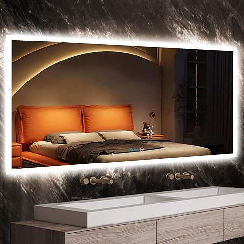 THEKLA Espejo de baño LED retroiluminado de 30 x 55 pulgadas para pared de baño, espejo grande de tocador iluminado de 55 pulgadas con luces, 3