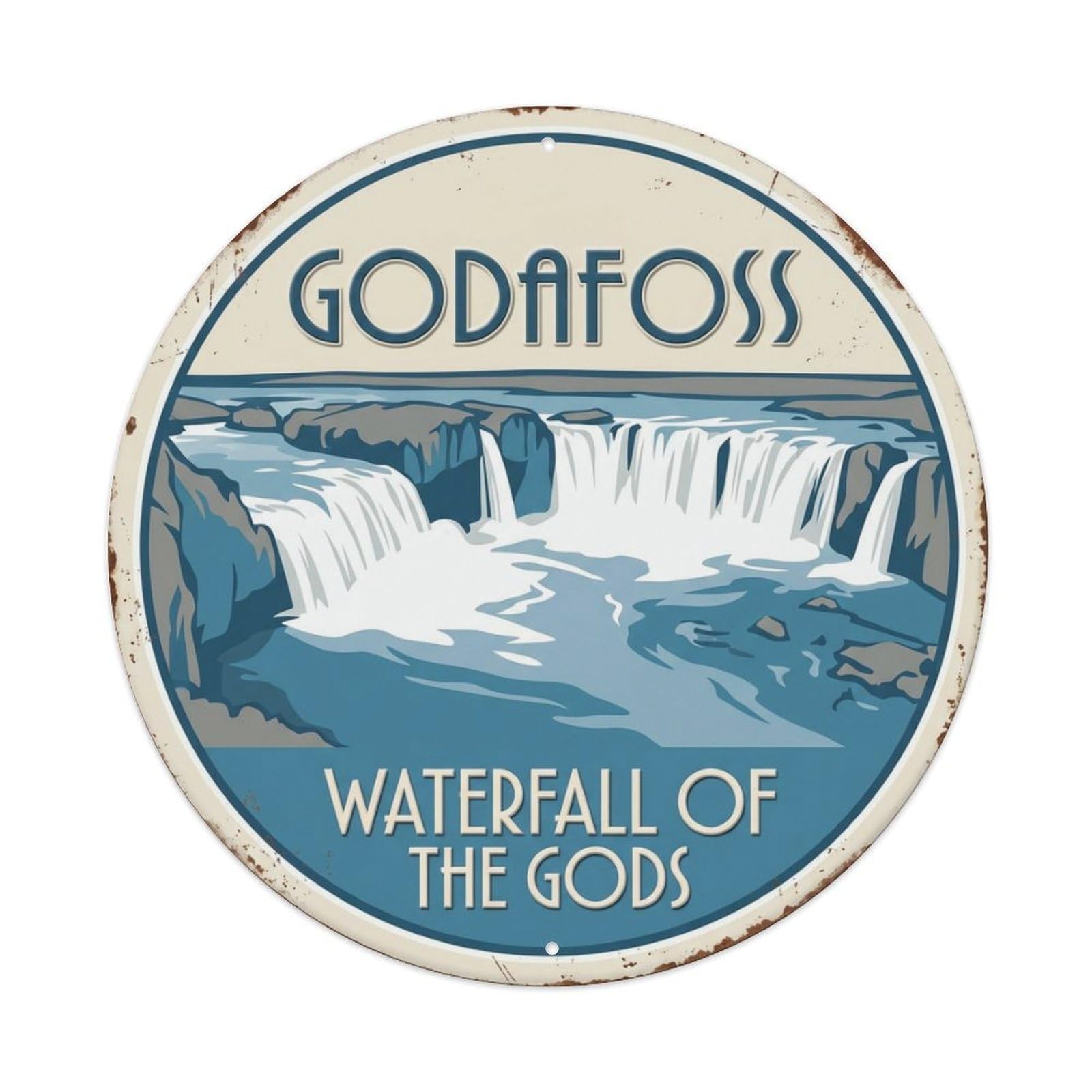 Godafoss Waterfall Gods Iceland Cascade Metal Tin Sign Plaque Wall Decor for Cafe, Club Bar, Office, Home Garden Round Metal Poster 8x8Inch