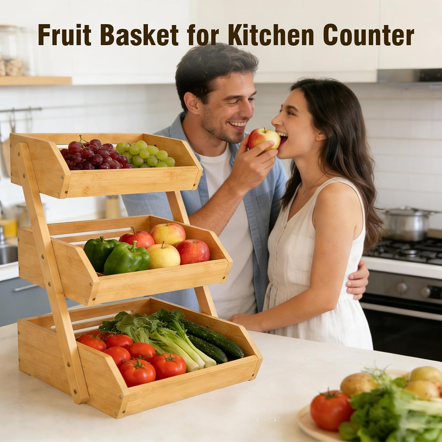 2 Tier Fruit Basket for Kitchen Counter with 2 Banana Hangers, Large Capacity Fruit Bowl, Fruit Vegetable Holder Kitchen Countertop Organizer Shelf, Wood Bread Display Rack, Easy to assemble
