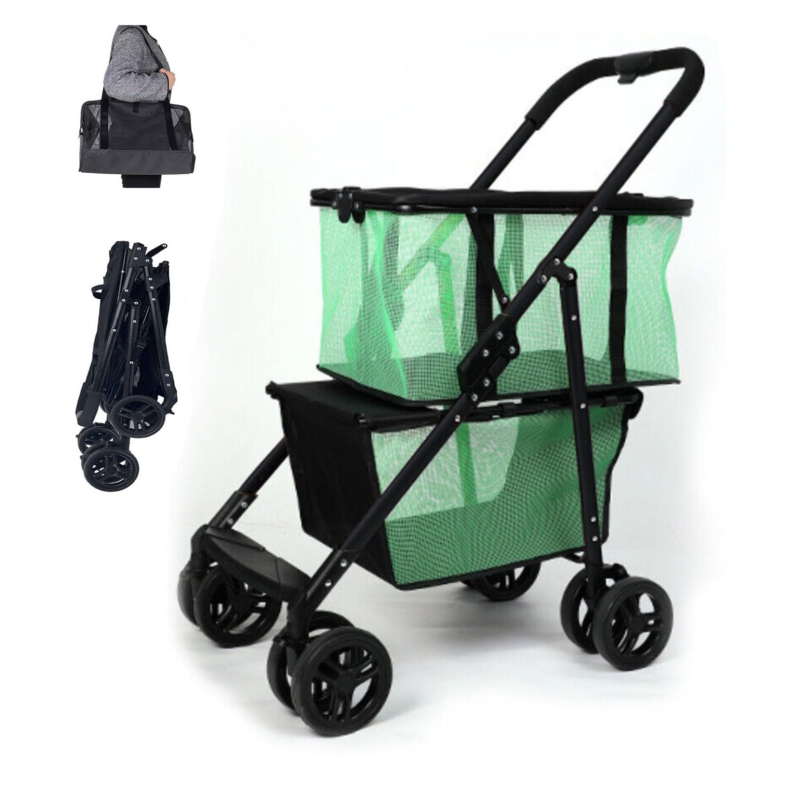 LWWJJ Functional Collapsible Carts, 2 in 1 Heavy Duty Folding Shopping Cart with Swivel Tires, Pet Stroller with Removable Tote, Features up 70 lbs