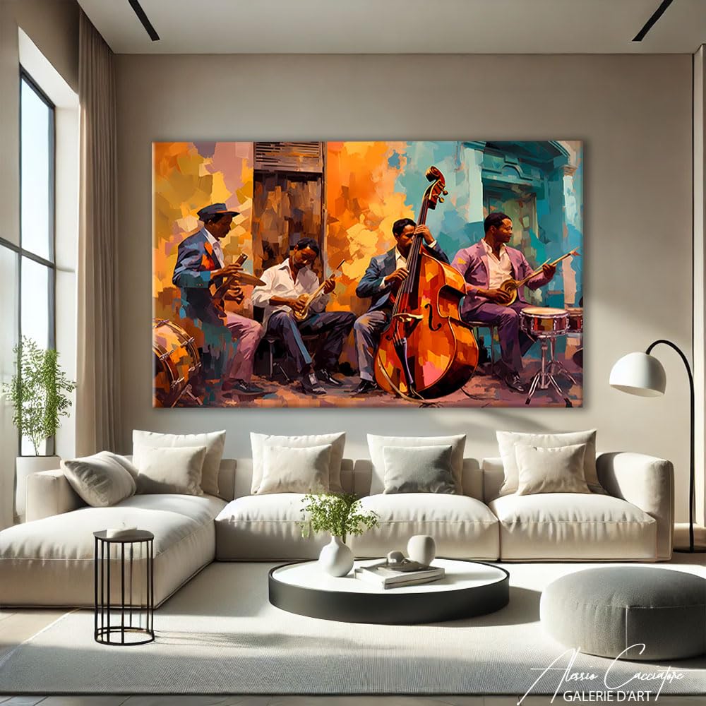 Cuadro musical Jazz – Lienzo de pared musical – Decoración para dormitorio adulto Cocooning mural – Mural – Deco mural de música – Cuadro Jazzmann – Idee regalo para mujer decoración (120 x 80 cm)