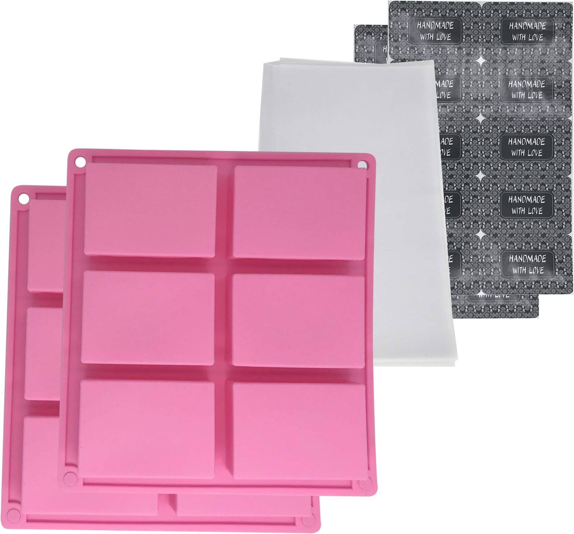 Gechtas 12 Cavities Rectangle Silicone Homemade Soap Mold with Translucent Parchment Wrapping Papers and Handmade with Love Stickers (#A)