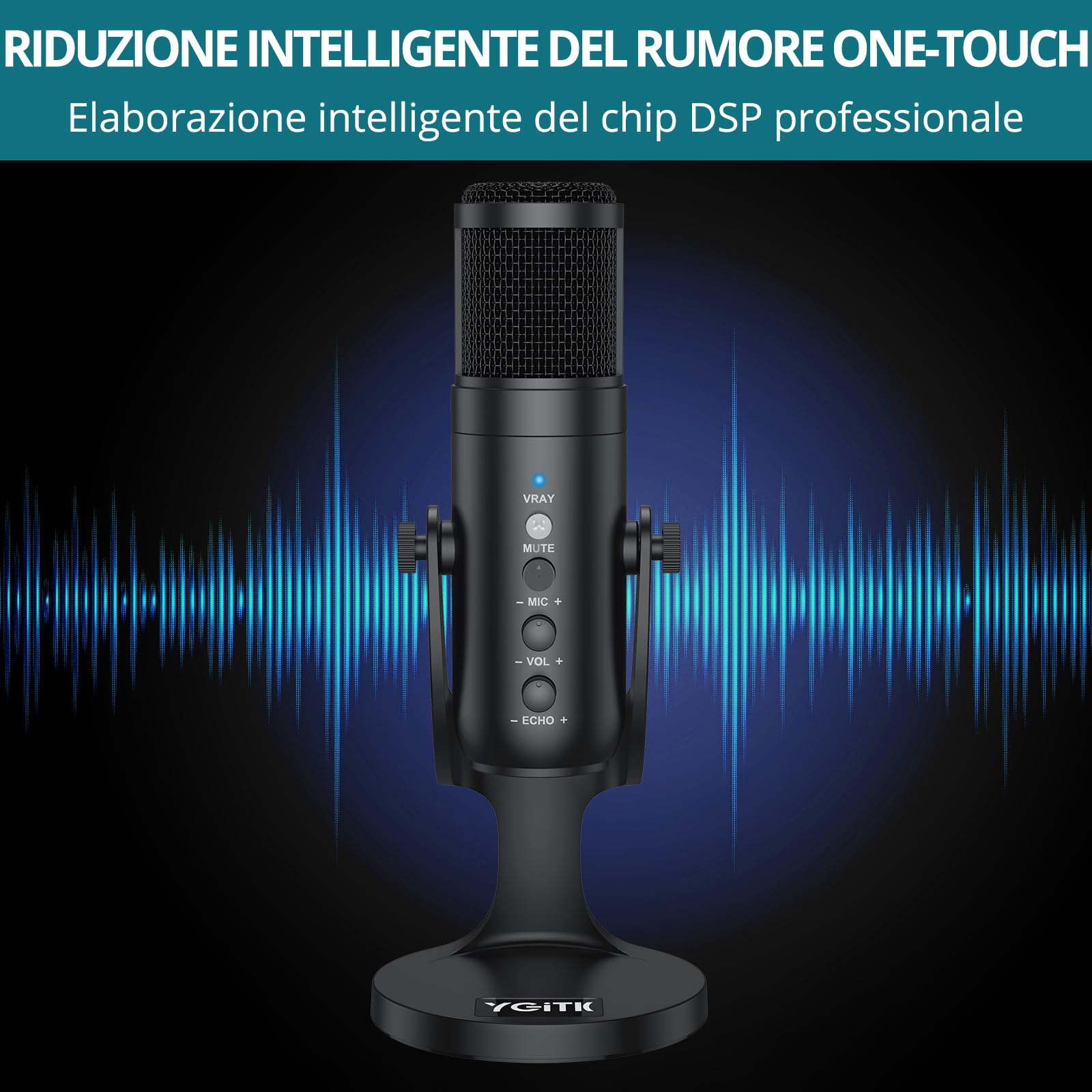 Microfono USB Professionale con Riduzione Rumore Intelligente & Base in Lega Antiscivolo - Compatibile PC/Smartphone per Streaming, Registrazione, Canto (Cuffia 3.5mm Inclusa)