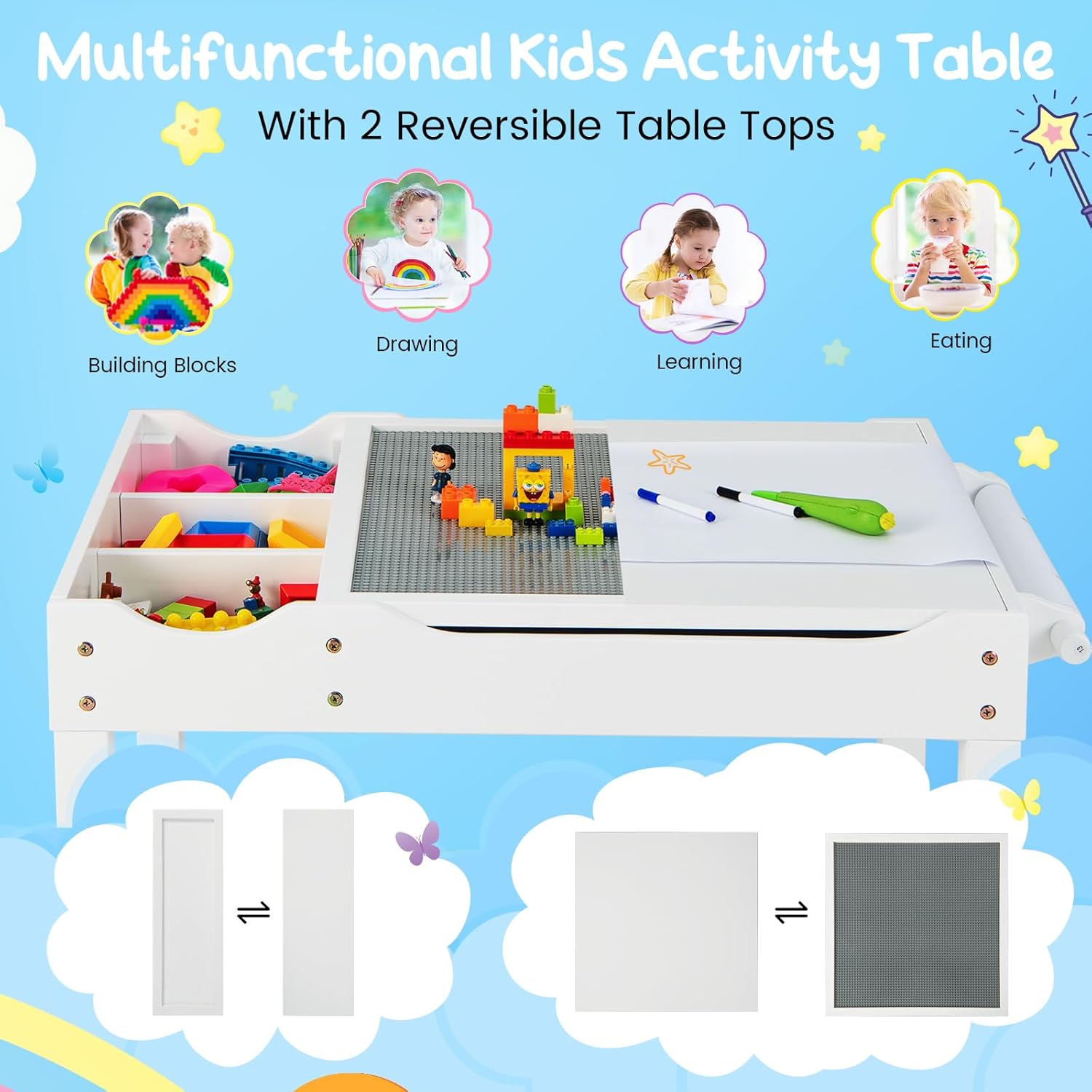 HONEY JOY Kids Table, 2 in 1 Toddler Wooden Activity Table with Paper Roll, Convertible Building Block Tabletop, 3 Storage Compartments, Children Furniture Set for Daycare, Playroom, White