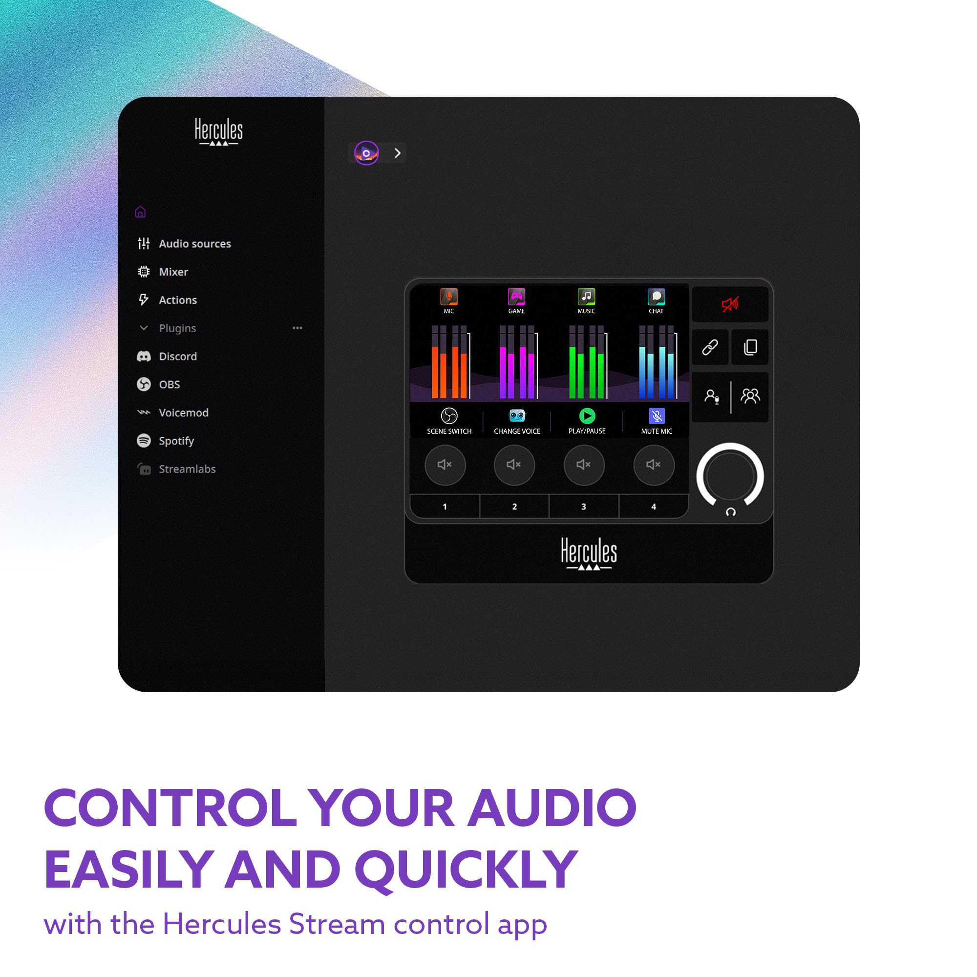 Hercules Stream Essentials Kit - Stream 200 XLR, Contrôleur audio gaming pour PC + micro XLR + Voicemod Pro (3 mois) - Carte son & submix pour streamers