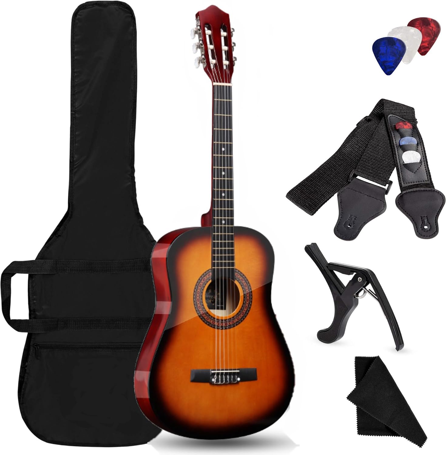 38 Inch Full Size Acoustic Guitar for Beginners & Adults - Effortless to Play with Soft Nylon Strings, All Wood Construction. All-Inclusive Starter Kit with Gig Bag, Capo, Picks & Cloth (Sunburst)
