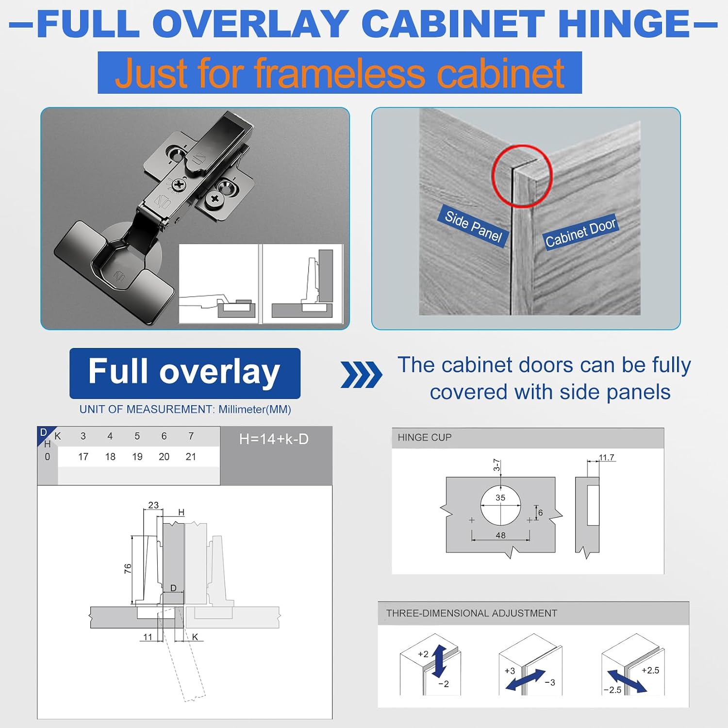 8 Pack Soft Close Cabinet Hinges for Kitchen Frameless Full Overlay Cabinets Self-Closing Concealed Hinge 110° 4D Adjustment Speed Control Ideal for Upgrading Cabinet Doors and Drawers