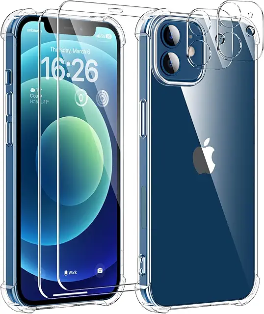 Coque iPhone 12 5 en 1 avec Verre Trempé et Protecteur Caméra - Transparente