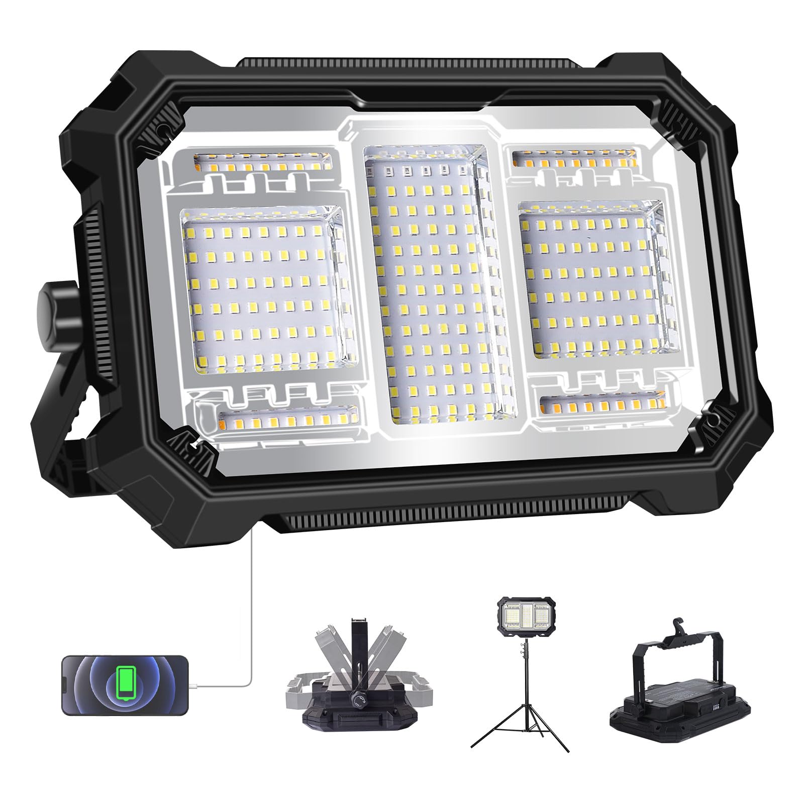 MASMEJOR Projecteur LED Rechargeable, 10000mAh, 8000LM, Base Magnétique | 80W, 206 LEDs, 5 Modes d'éclairage, Sortie USB, IP53, Portable pour Camping, Pêche, Chantier, Garage, Urgences