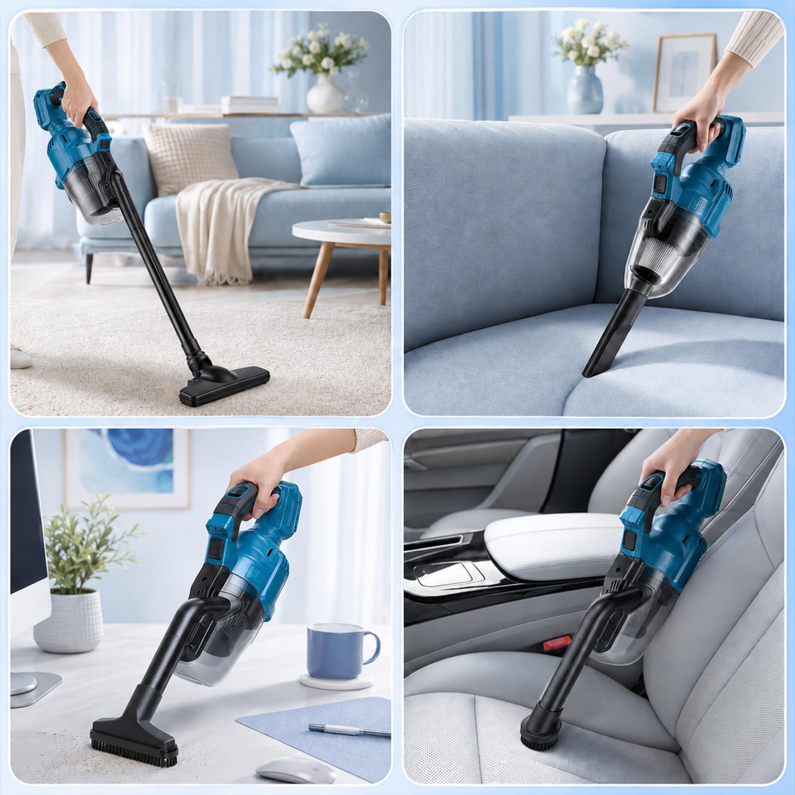 Aspiradora con batería para baterías Makita de 18 V, aspiradora de mano de 10000 Pa con 4 boquillas y depósito de polvo de 0,75 l y 2 filtros HEPA, aspiradora de mano portátil 4 en 1 para suelo de