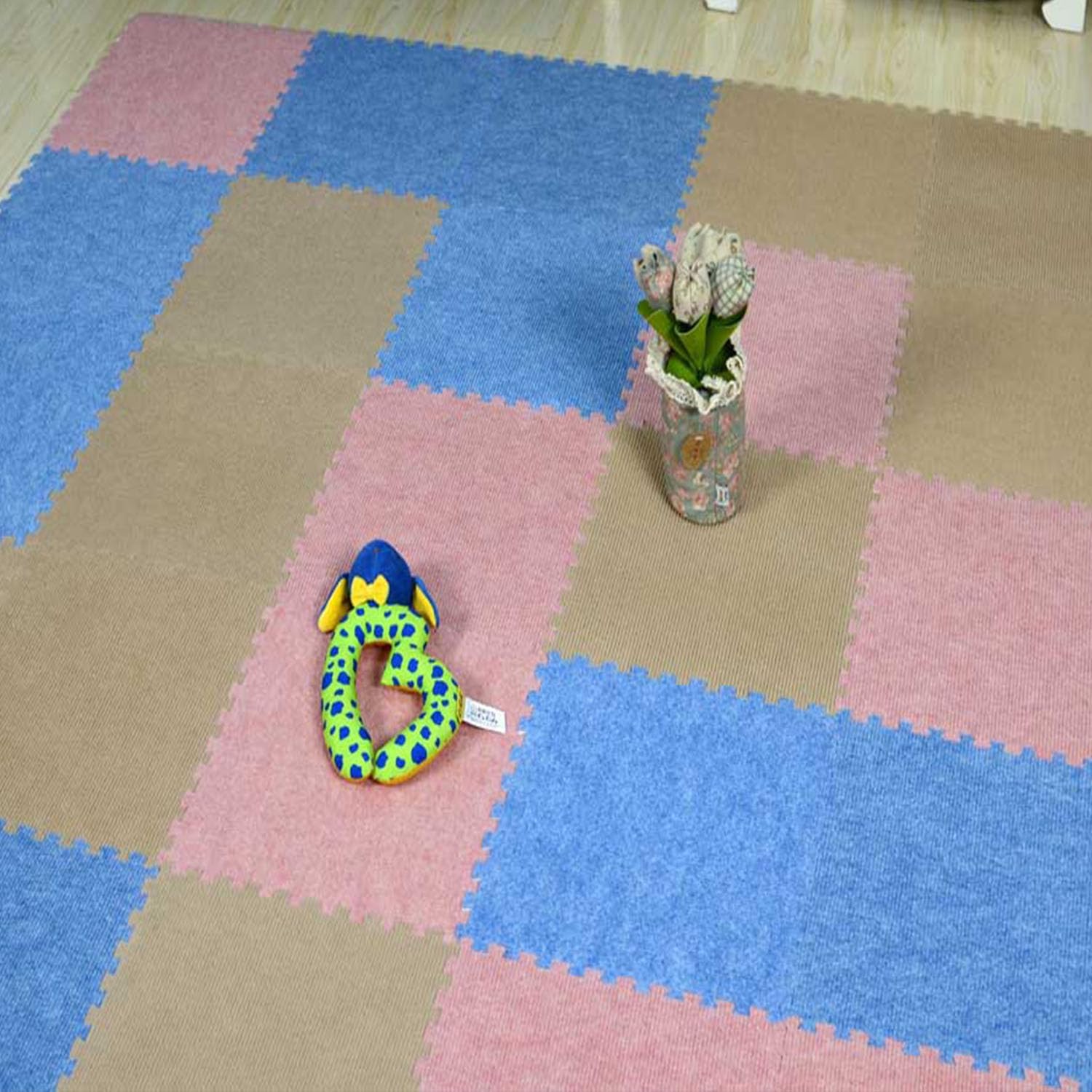 12 Tiles, Thick Interlocking Carpet Tile EVA Foam Floor Tiles, Carpet Texture Surface Puzzle Interlocking Mats for Home Gym, Kids Room & Living Room; 12-inch x 12-inch x 3/8-inch per Tile; Khaki
