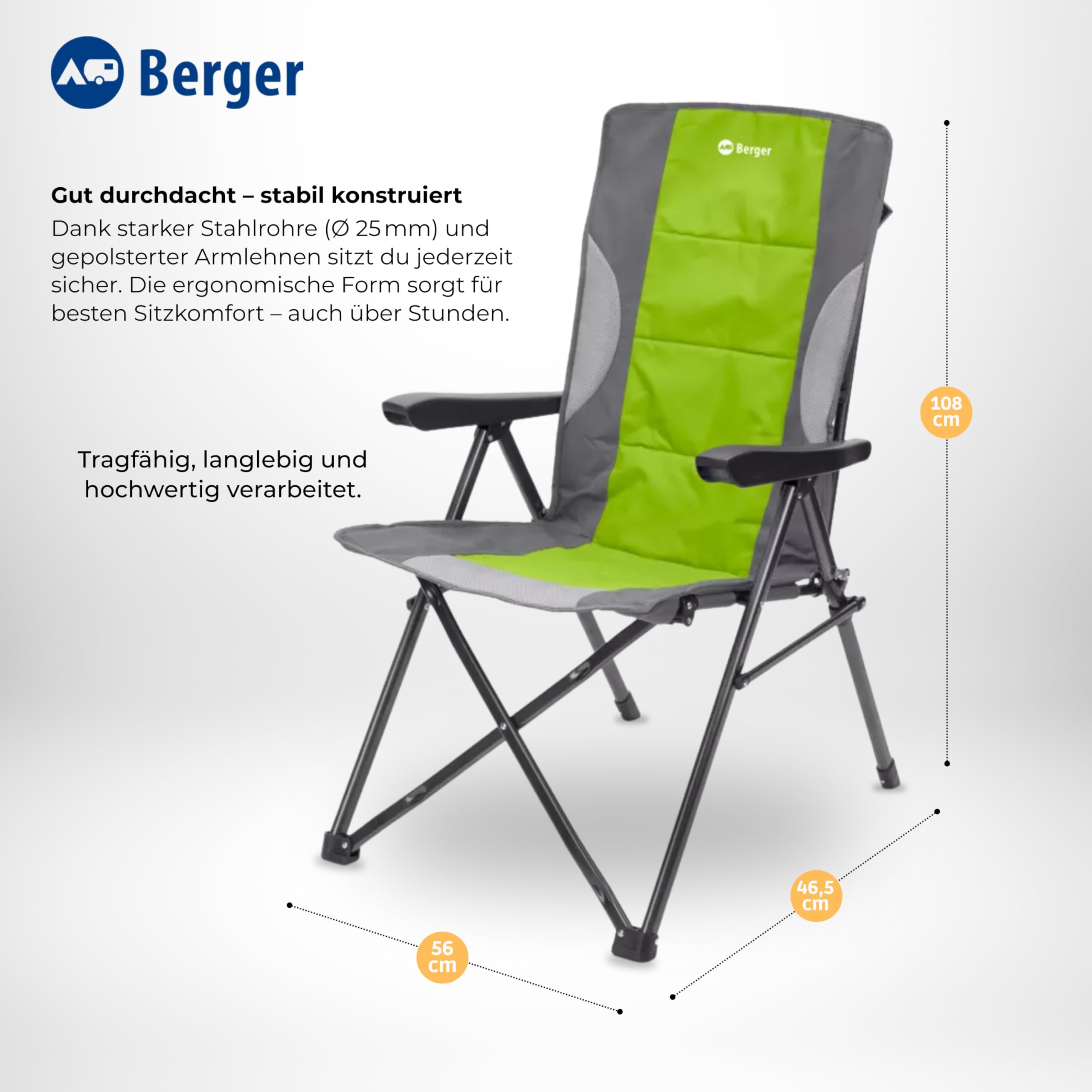 BERGER Siena Faltstuhl | Campingstuhl faltbar mit 3-Fach Verstellbarer Rückenlehne & robuster Armlehne
