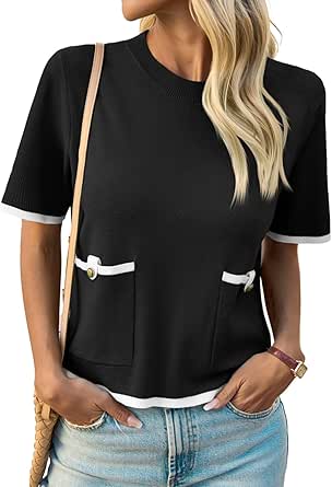 T-shirt Tricoté Femme Manches Courtes Avec Poche - Léger Et Basique Pour L'été