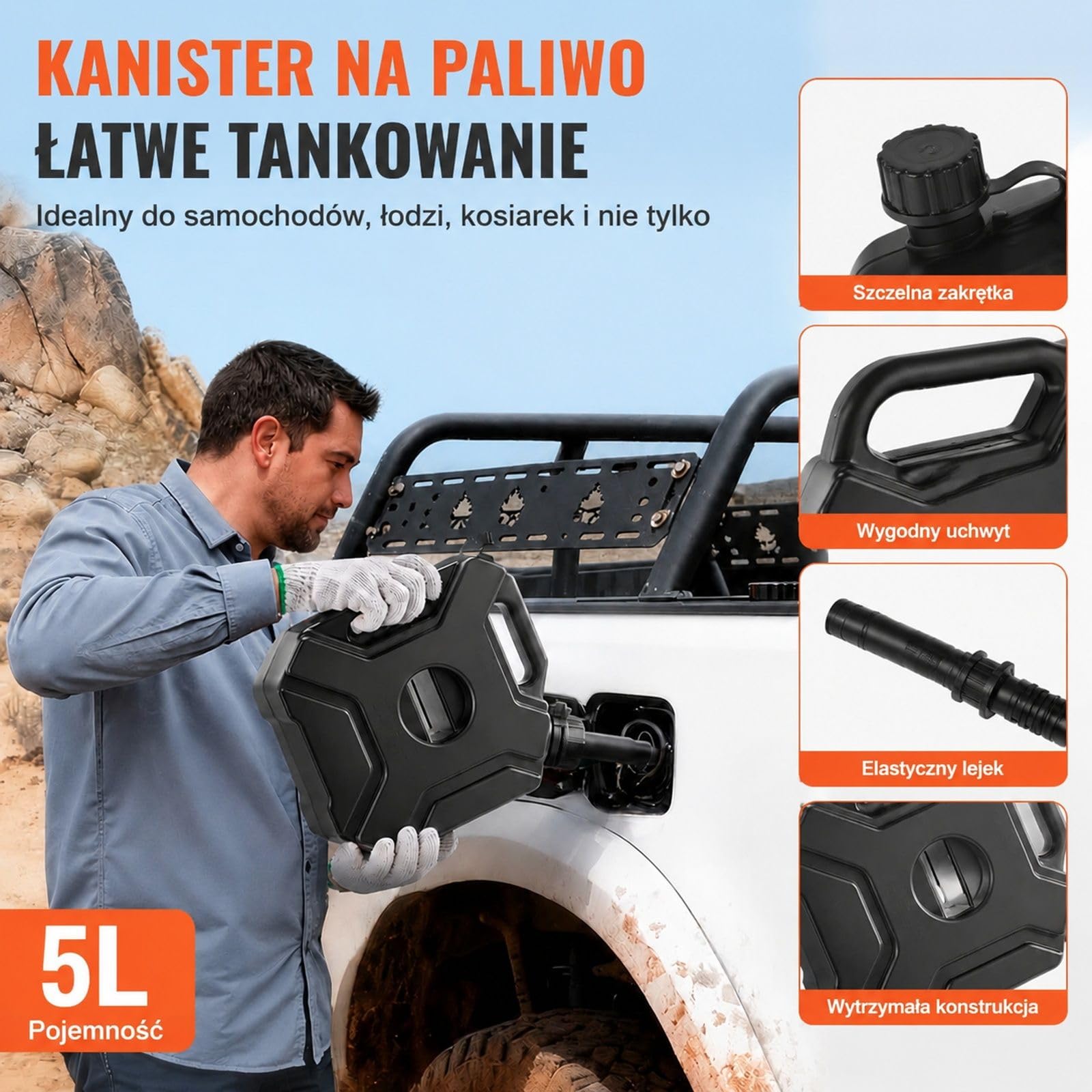 Kanister na paliwo 5 l z dzióbkiem i zamykanym uchwytem, przepływ 15 l/min, pojemnik HDPE i PP, czarny, do samochodów, motocykli, quadów i UTV
