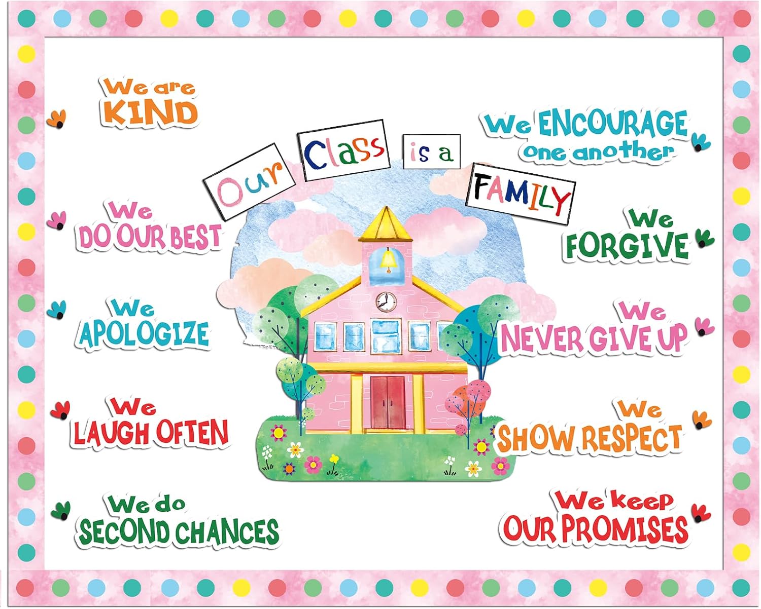 Mooliwe Our Class is a Family Bulletin Board Set 111 Pcs with Picture Frames for Classroom, School House Grassy Area Flower Tree Sky Cloud Cutout for Bulletin Board Chalkboard School Party Decor