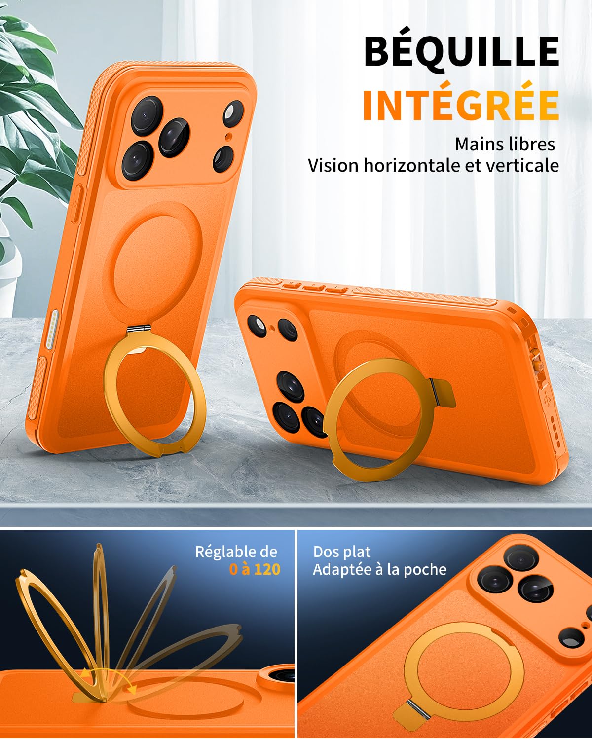Cover per iPhone 17 Pro Max Impermeabile con Supporto Magnetico | 360°Completa Protezione, IP68 Waterproof Compatibile con Magsafe, Subacquea Antiurto Custodia per iPhone 17 Pro Max, Arancia