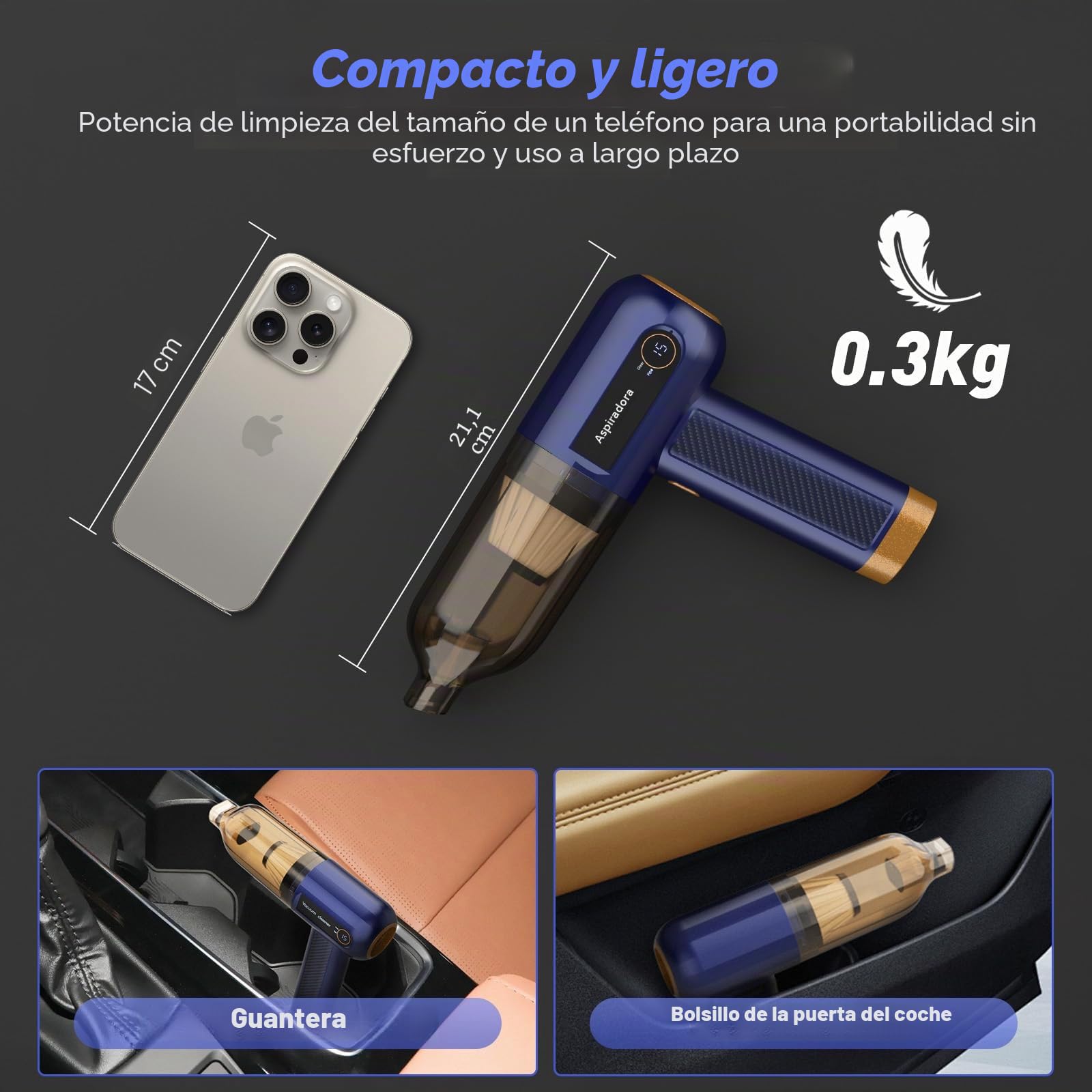 Tiazhan Aspiradora De Mano, 80W,15000pa Recargable Aspirador Coche Sin Cable,Ligero Mini Aspirador con Cepillo De Soplado Y Boquilla De Soplado, Aspirador De Mano para El Coche, Casa, Oficina