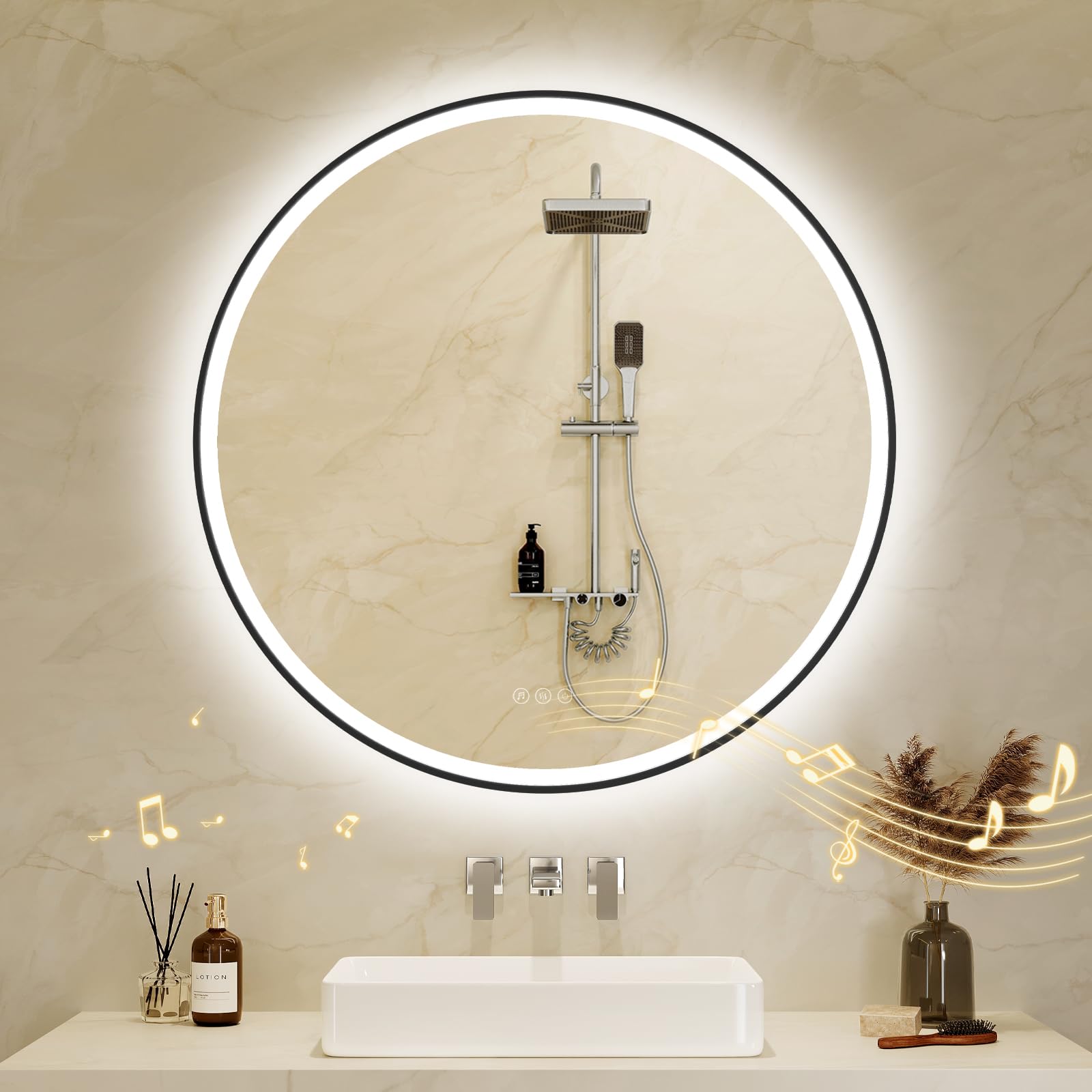Bathroom Mirror with LED Lights 50x50cm: Round LED Bathroom Mirror with Bluetooth, Anti-Fog, Touch Sensor, 3 Colors Dimmable, Memory Function Illuminated Bathroom Wall Mirror Black Metal Frame — image 1