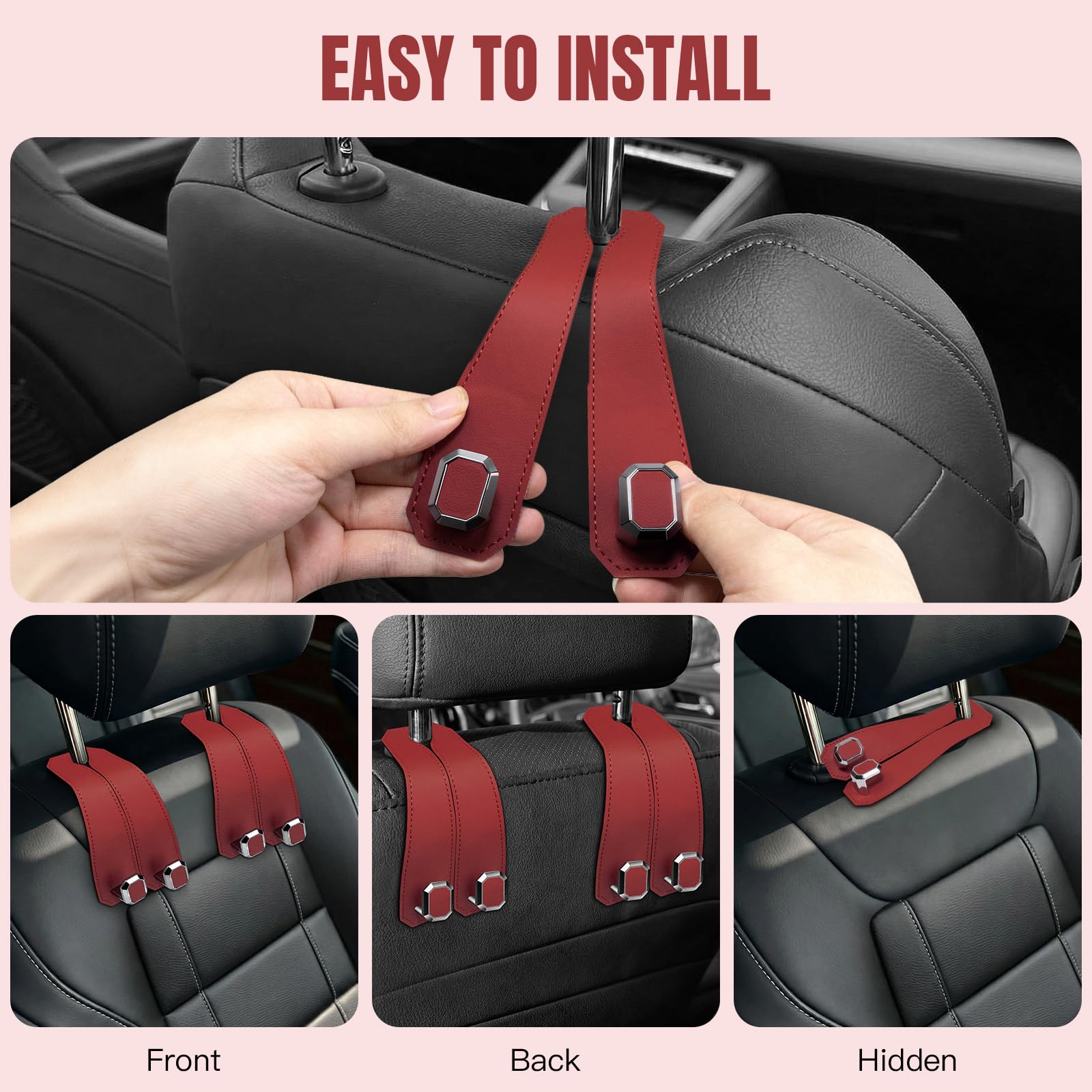 Lot de 2 crochets de sac à main pour appuie-tête de voiture, cuir synthétique, cristaux doubles en métal pour porte-monnaie, sacs à main, organiseurs et rangement de siège arrière de voiture