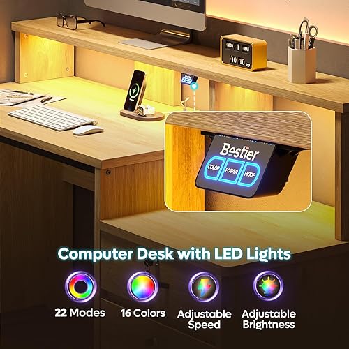 Miniatura 4 de Bestier Escritorio de oficina de 55 pulgadas con cajones y espacio de impresora, roble natural Roble,Negro -,Fibra de carbono,Roble gris,Marrón