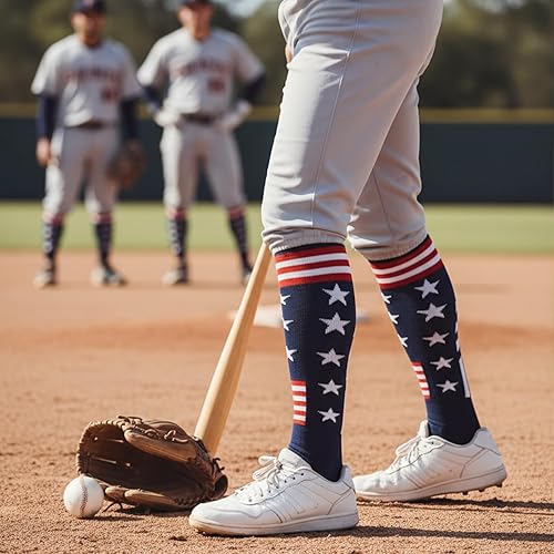 Miniatura 4 de Calcetines atléticos hasta la rodilla con la bandera estadounidense para béisbol, fútbol, sóftbol y fútbol