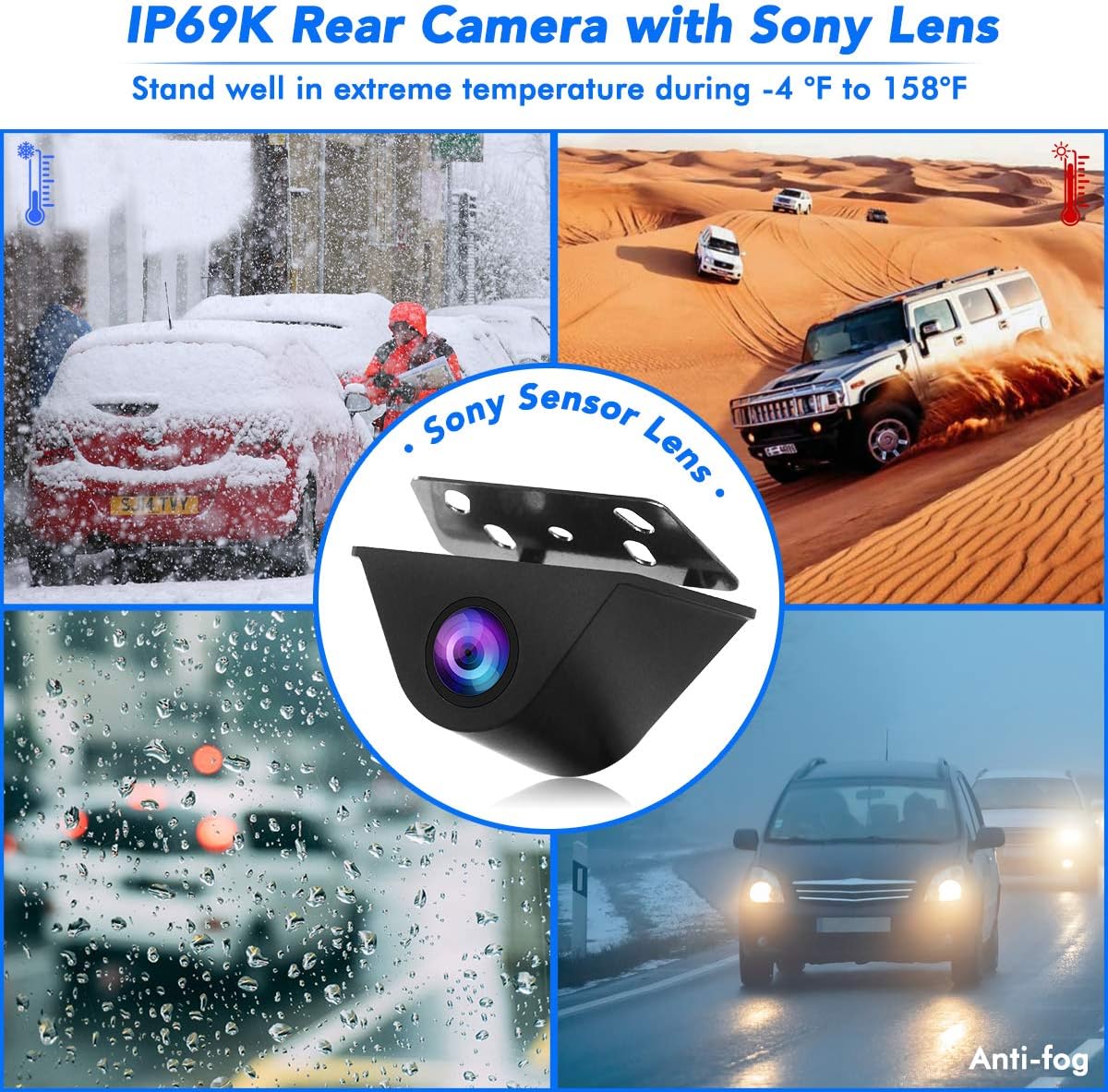 Image highlighting the IP69K rear camera with Sony Lens, showing its performance in various weather conditions like snow, desert heat, rain, and fog.