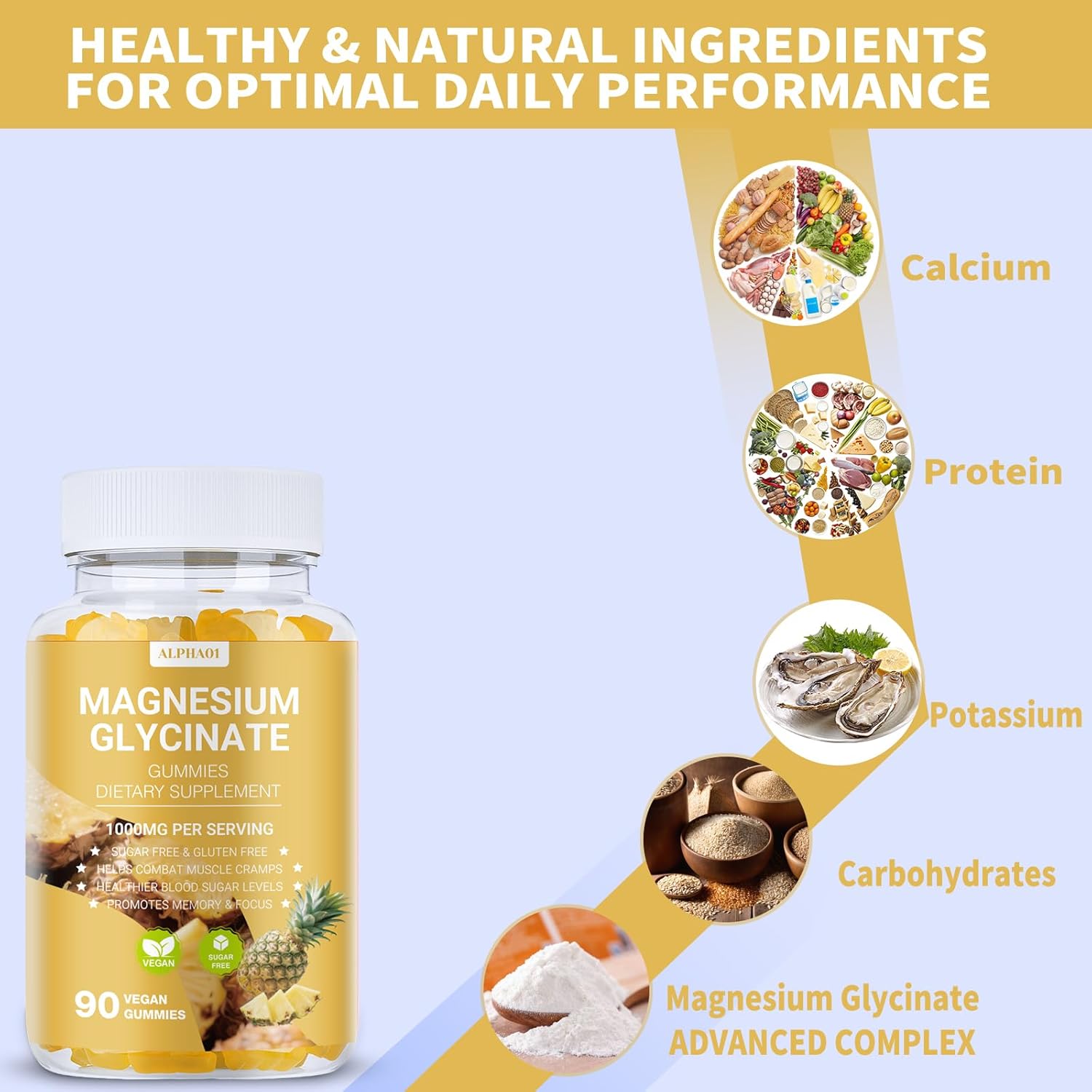 Magnesium Glycinate Gummies 1000mg, Non-GMO, Gluten-Free, Magnesium Supplement Gummies for Adults & Kids, Sleep, Relaxation & Focus, Pineapple Flavor, 90 Count - Image 2