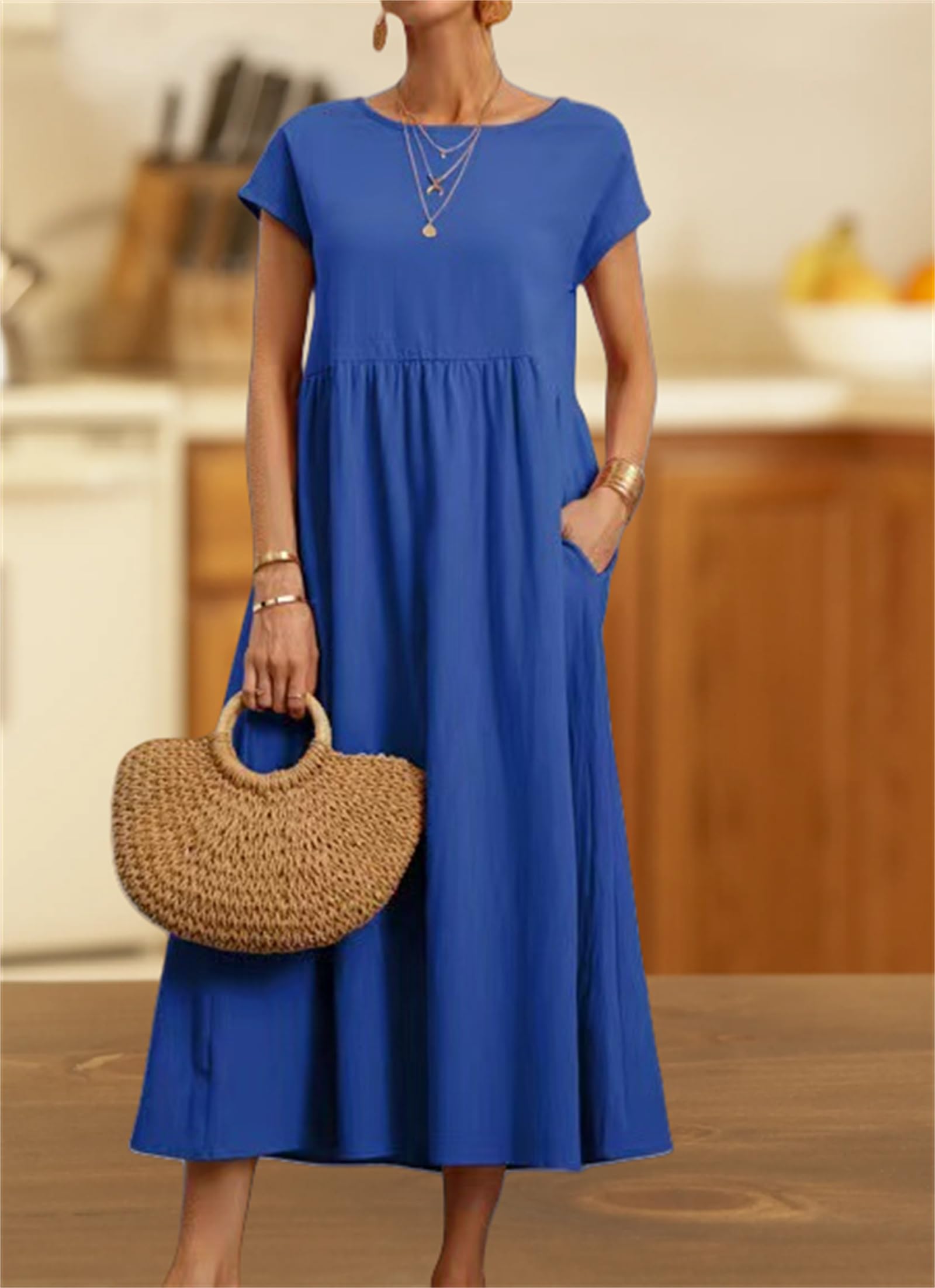Vestito estivo da donna, abito dritto e largo, abito lungo da donna, abito lungo a maniche corte, con tasche