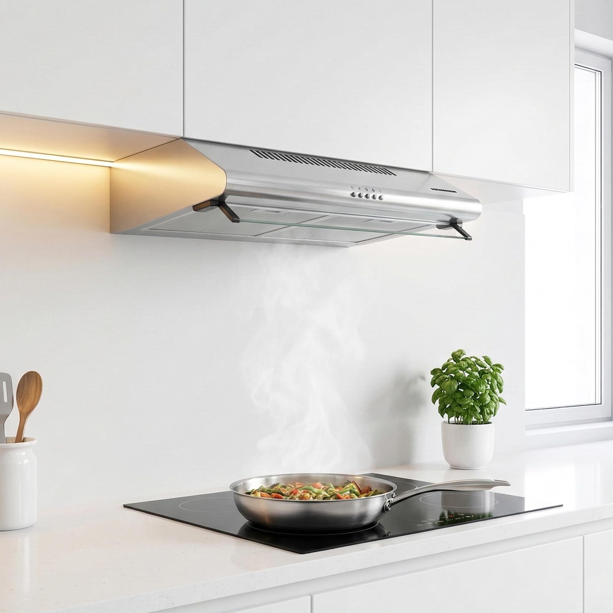 XCH-450S Cappa aspirante Piano di lavoro 60cm, Cappa Cucina Scarico e Riciclaggio 347,4 m³/h, Doppio Motore, Acciaio inossidabile, Argento