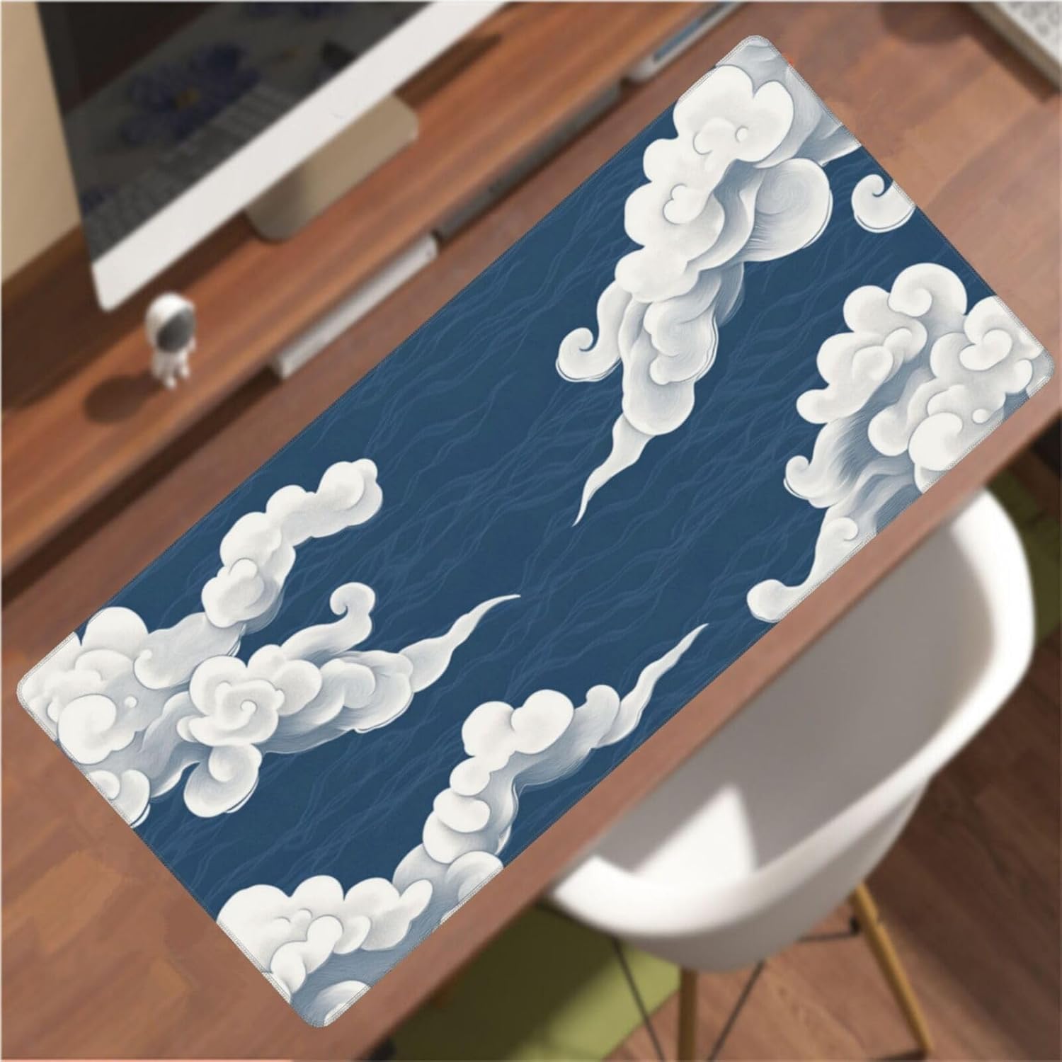 マウスパッド 青 XXL 1000 x 500 x 4mm 雲 大型ゲーミング エッジステッチ 滑り止めゴム台座 オフィス適用 デス