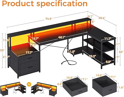 Miniatura 3 de ODK Escritorio en forma de L con cajón de archivos, escritorio reversible en forma de L de 75 pulgadas con toma de corriente y tira LED, escritorio