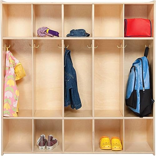 Contender 5 Section Coat Locker with Double Hook Section and Cubbies Storage Shelves, Wooden Montessori Storage for Preschool, Classroom, Daycares, Home [Fully Assembled]