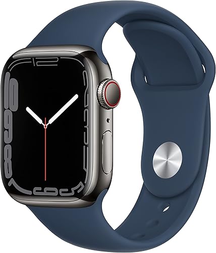 Apple Watch Series 7 (GPS + celular, 1.614in) - Caja de acero inoxidable grafito con banda deportiva azul Abyss (renovada)