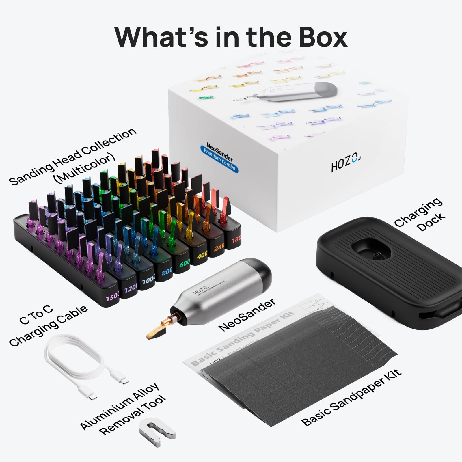 Kit Combo Premium NeoSander de HOZO – Mini Juego de Lijadora Reciprocante de Detalles con 64 Cabezas de Lijado Codificadas por Color, Base de Carga y Juego Básico de Papel de Lijar, Idea de Regalo