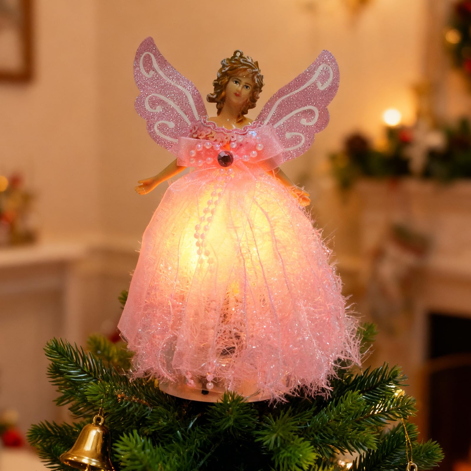 Christmas Angel Tree Topper, Angel Tree Top Figurine Xmas Tree Fairy Topper Light Up Treetop Pendant With Wings for Christmas Tree Home Party Decor