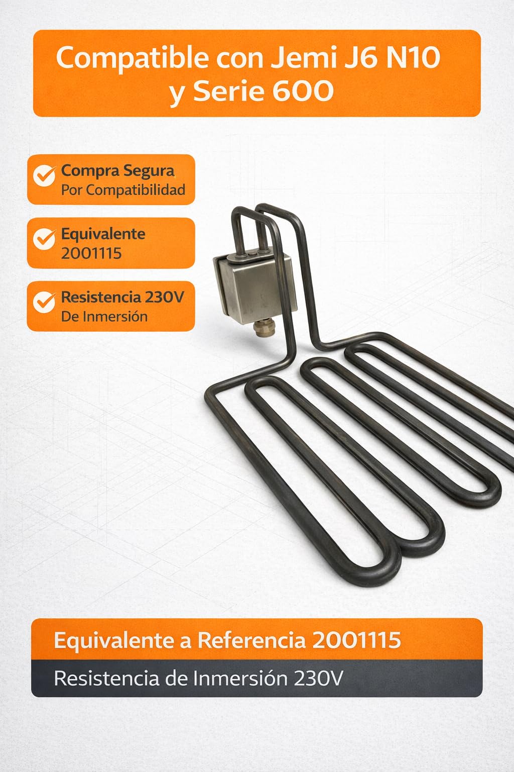 RO Linea Blanca ® Resistencia Freidora 3500W 230V con Caja Conexión Tipo Enchufe Repuesto Inmersión Compatible con Jemi J6 N10 Serie 600 Medidas 355x195mm Tubo 8mm Calentamiento Rápido Hostelería