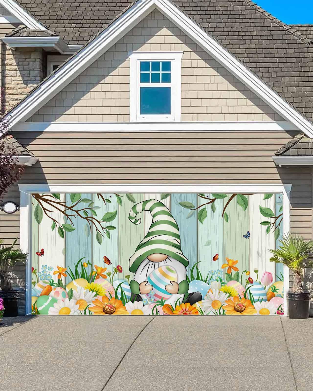 Easter Gnomes Garage Door Cover 7x16Ft Garage Door Banner Cover, Spring Floral Botanical Colorful Eggs Teal Blue Garage Door Decorations Backdrop for
