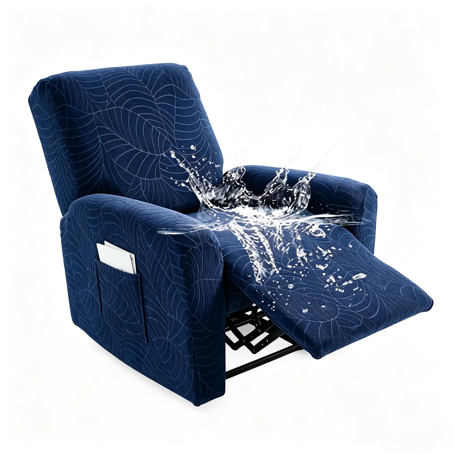 Hearda Recliner Chair Cover 1 Seater, 4 Pieces Splash-proof Recliner Sofa Covers Leaf Pattern, Recliner Slipcover for Electric Chair with Pockets,S tretch Non-Slip Armchair Covers - Navy Blue