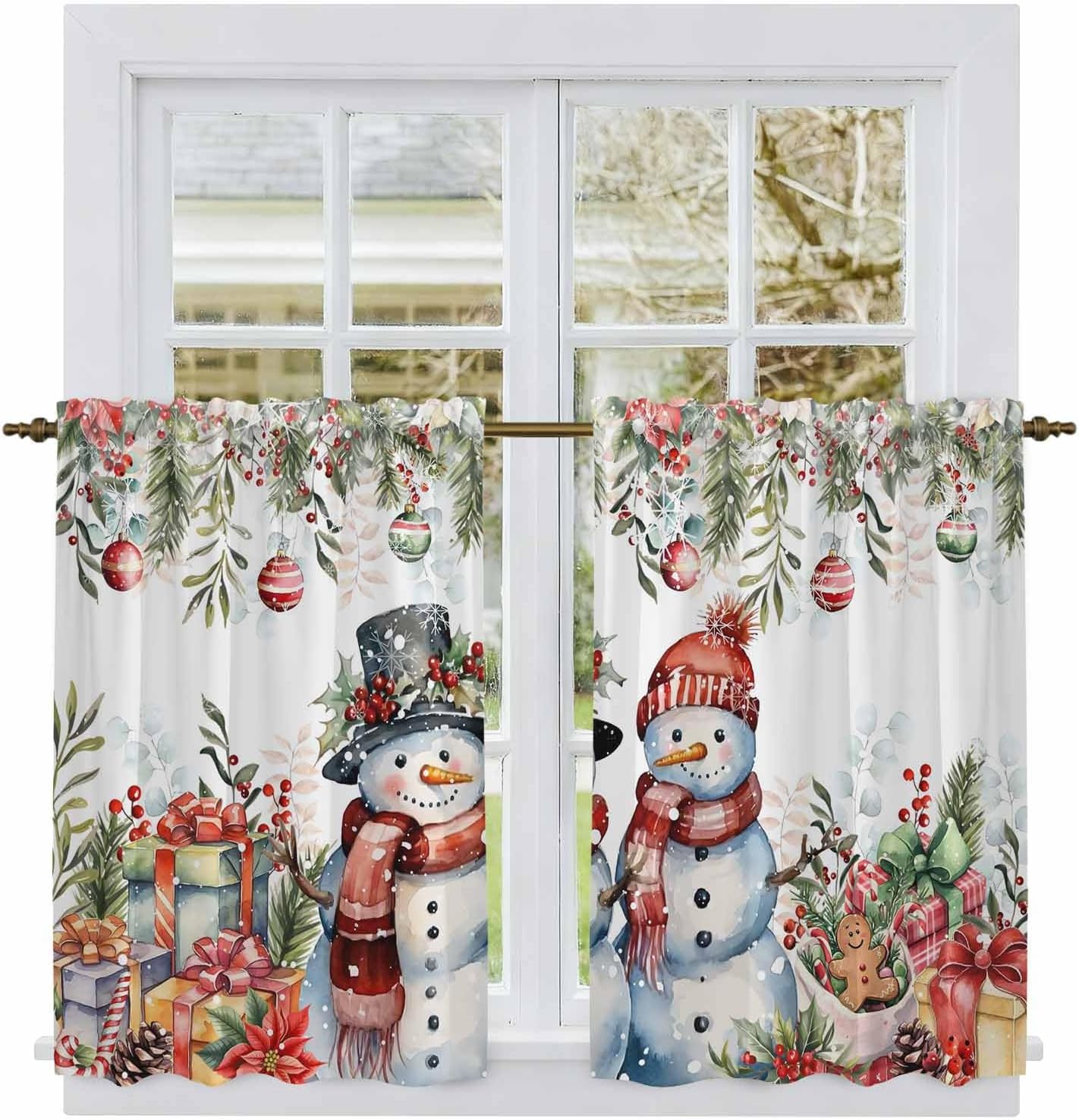 Christmas Snowman Kitchen Tier Curtains 45 Inch Long 2 Panel Set,Rod Pocket Short Window Treatment,Xmas Balls Poinsettia Botanical Light Filtering Curtains & Drapes for Bathroom Basement 27.5"W x 45"L