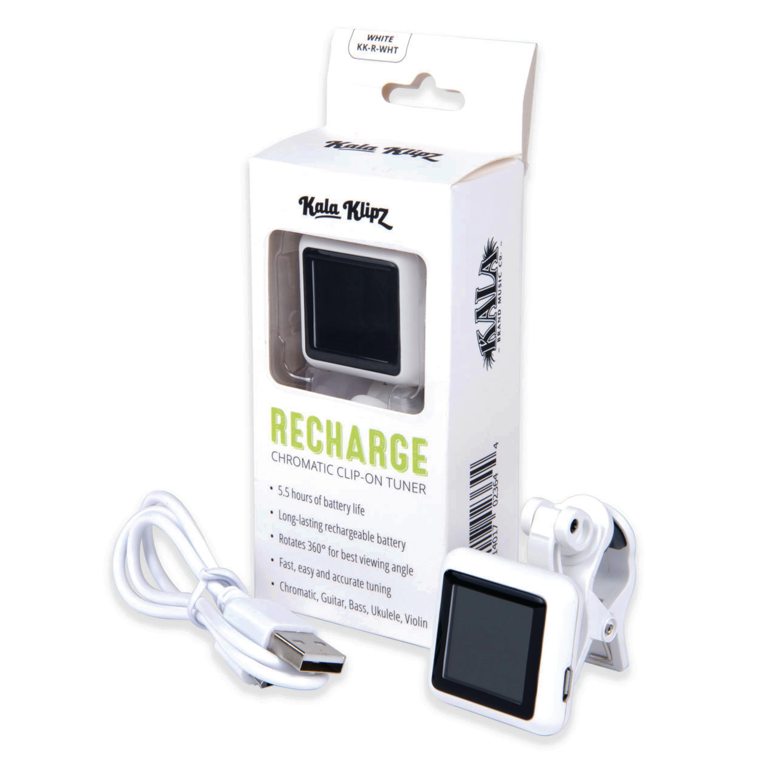 Kala Klipz Rechargeable Chromatic Clip-On Tuner for Guitar/Bass/Violin/Ukulele, White