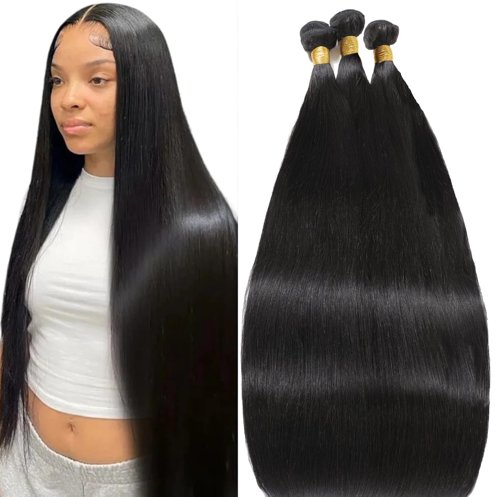 Straight Human Hair Bundles Human Hair 30 32 34 Inch100% Unprocessed 12A Brazilian Virgin Hair Weave Straight Bundles Human Hair Extensions Natural