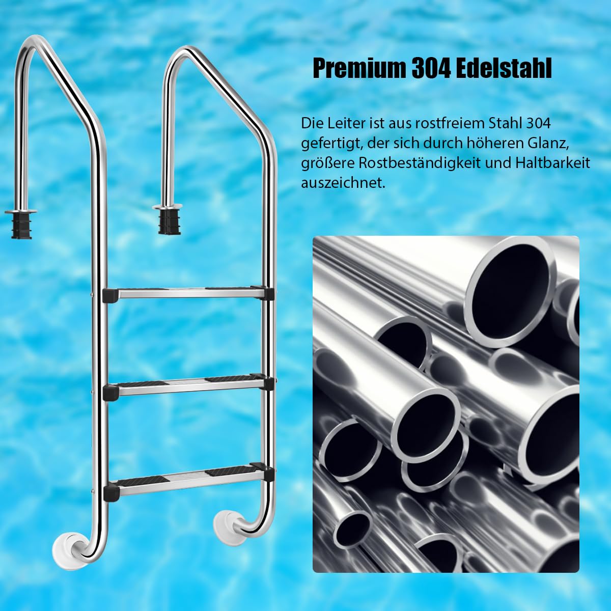 SOARS Poolleiter Edelstahl 3 Stufen, Pooltreppe mit Handlauf & rutschfesten Stufen, Schwimmbadleiter bis 150 kg belastbar, Einstiegsleiter, Einbauleiter, 53 x 63 x 147 cm