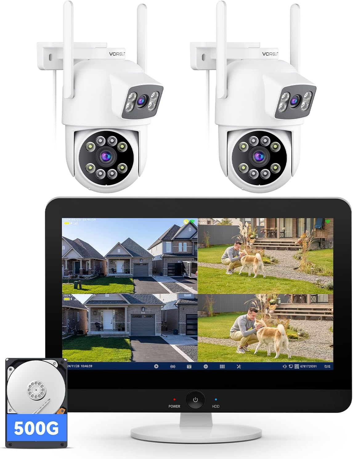 Security Camera System Wireless Outdoor with 12" Monitor, 2pcs 2K Dual Lens Cameras for Home & Business Surveillance, 360° PTZ, 2.4G/5G WiFi, Human Detection, Auto Tracking, 16CH NVR, 500G HDD