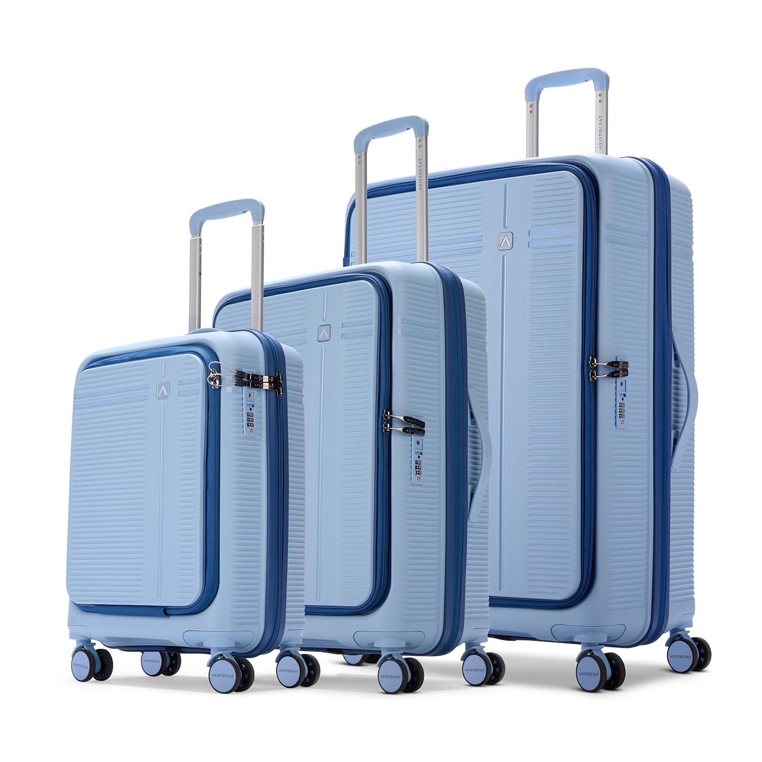 Aristocrat Solana Set of 3 (Cabin+Medium+Large) Hard Case Trolley Bags,Blue | Laptop Compartment (Cabin), TSA Lock, Expander, 8-Wheels, Polypropylene Case, Spacious Travel Luggage, 3-Year Global Warranty