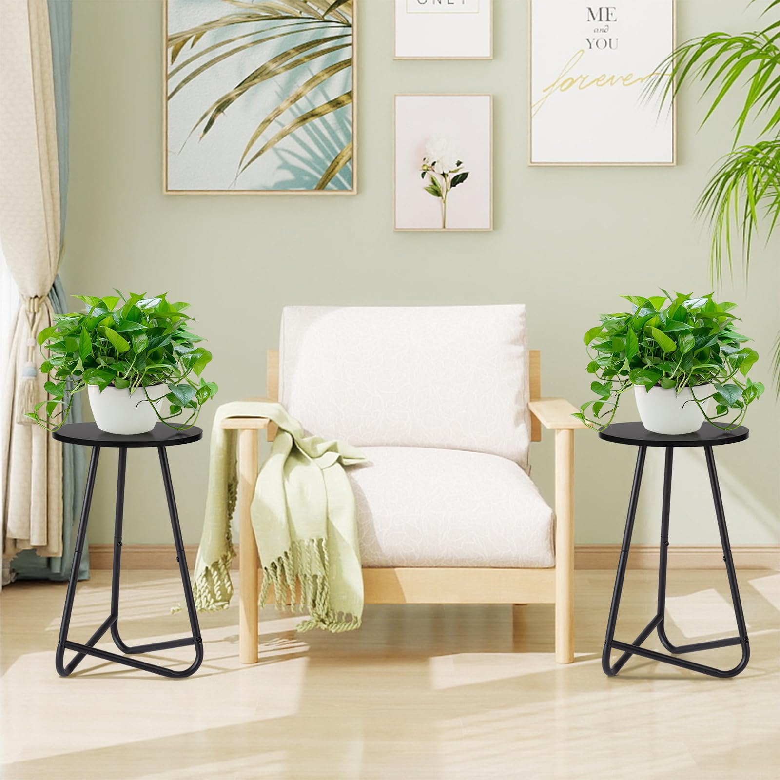 HDANI 50cm Rund Pflanzenständer,Blumenständer 2 set,Pflanzenregal aus Holz und Metall,Modernes Regal für Zimmerpflanzen für Wohnzimmer, Balkon und Büro,Schwarz
