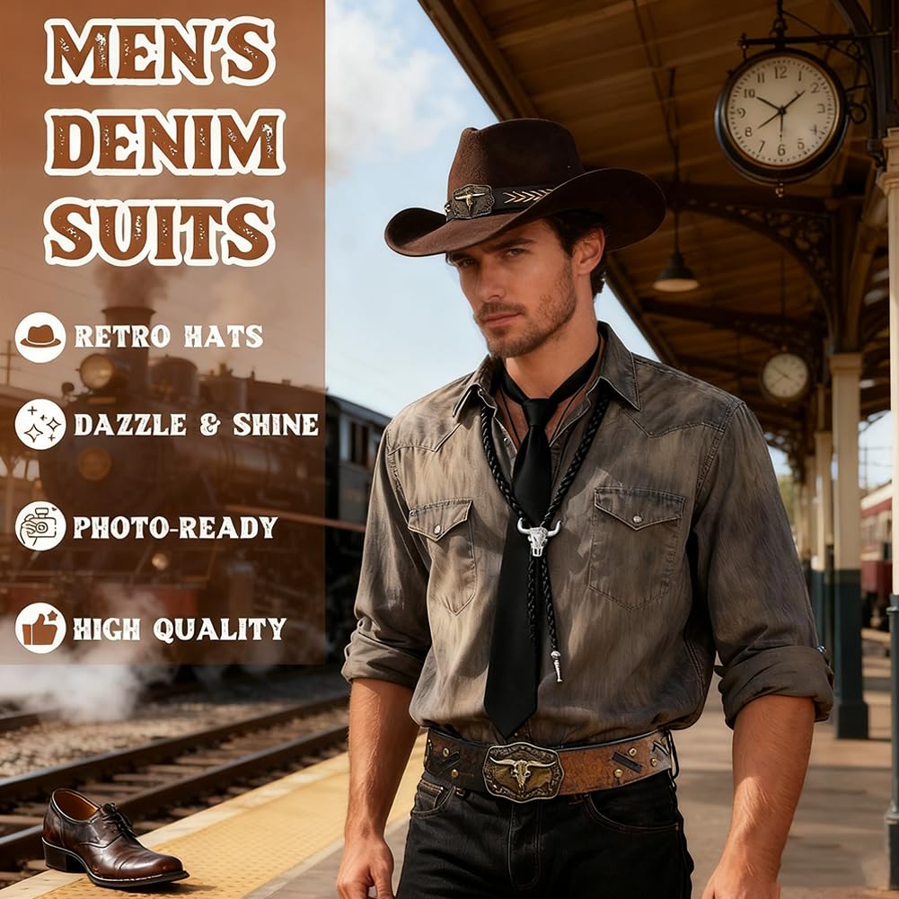 Sombrero Cowboy Estilo Vaquero Leather Tie Necktie Cow Skull,Bandas de Sombrero de Vaquero,Ideal para Rodeo y Eventos Temáticos del Oeste, Fiestas, Halloween, Fotos y Festivales tematicos