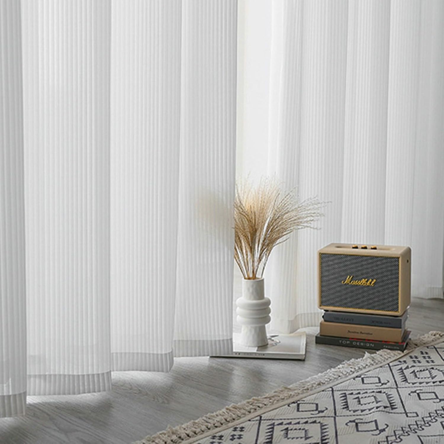 Daesar Window Curtains 2 Panel Sets, Polyester Grommet Sheer Curtains 55" W x 85" H Drapes Solid Color Vertical Striped White Transparent Curtains for Bedroom Living Room