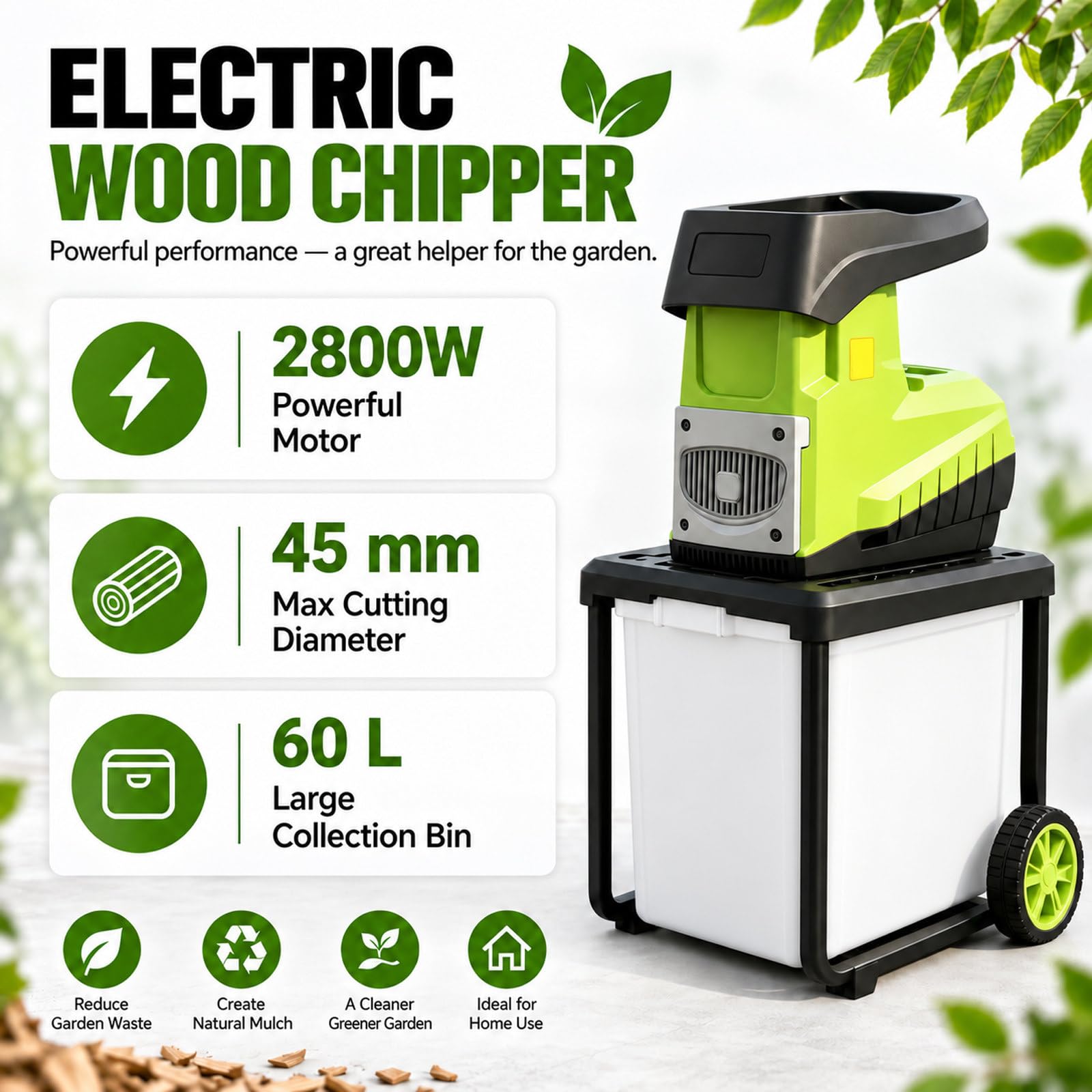 Broyeur Végétaux Électrique 2800W, Diamètre 45mm